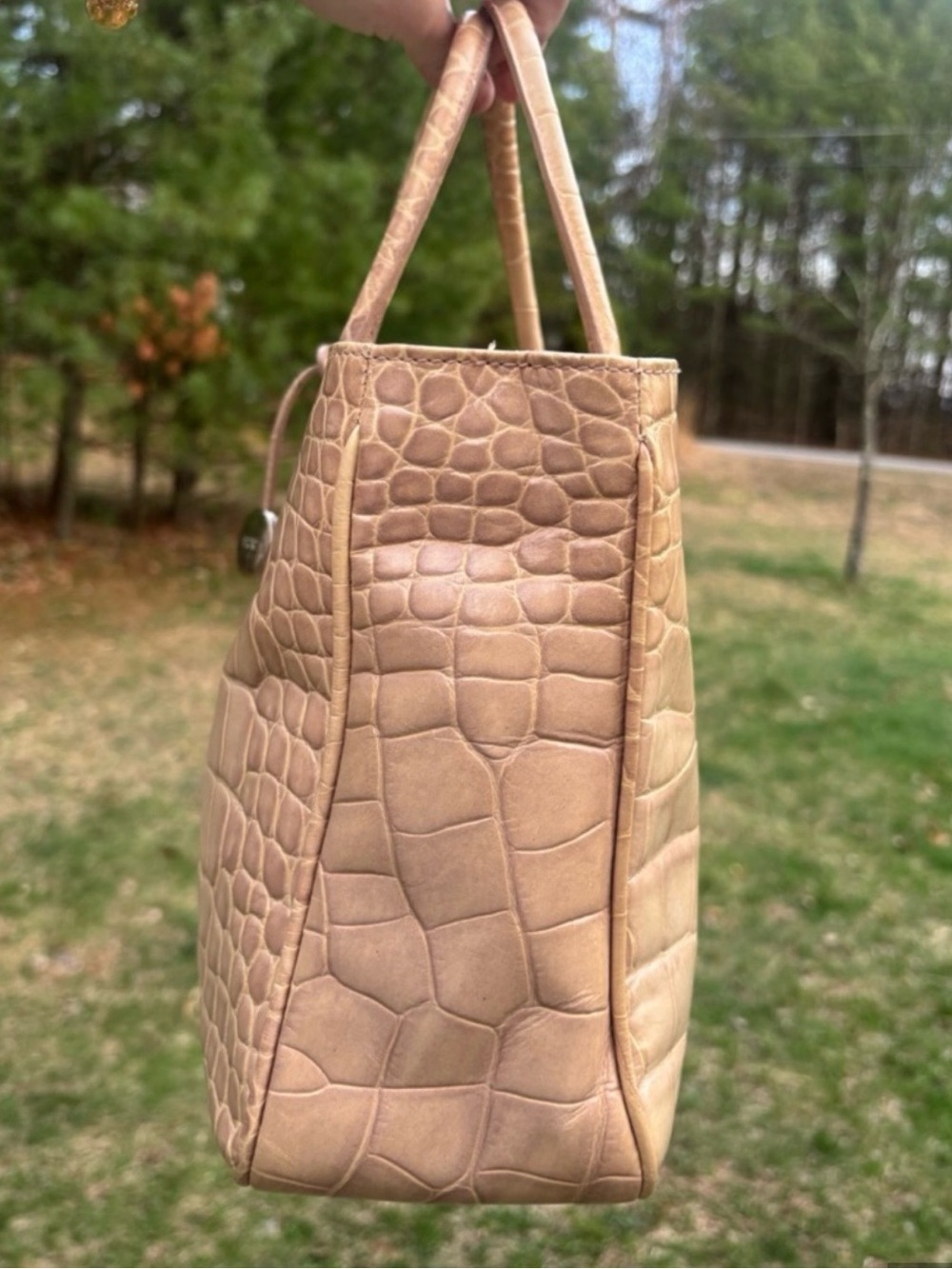 Furla Croc-Embossed Tan Leather Tote with Logo Charm - Picture 6 of 13